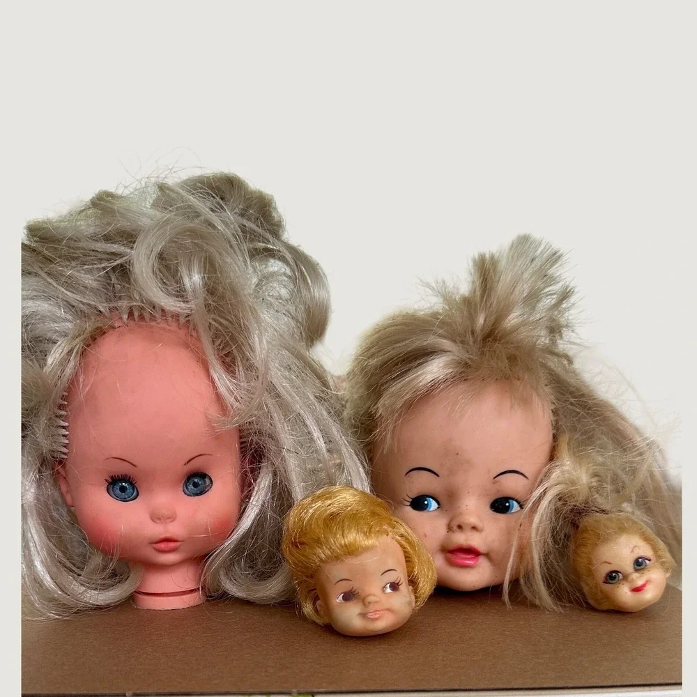 Set if 4 Vintage Doll Heads for Creepy Halloween Costume Decor Trick or Treat